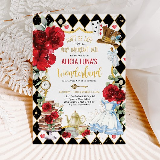 Invitation Alice au pays des merveilles Rouge Floral Mad Tea 