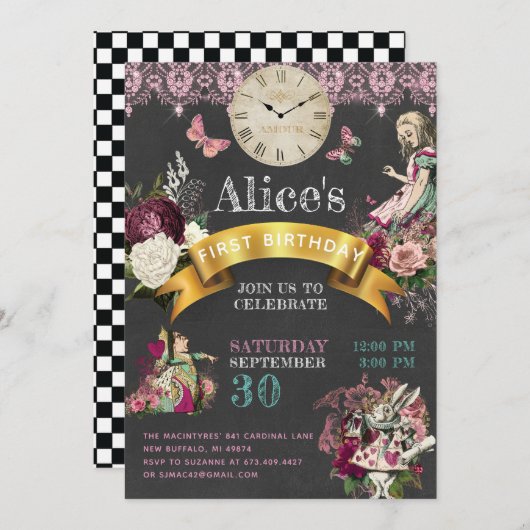 Invitation Alice au pays des merveilles Tableau noir moderne  (Devant / Derrière)