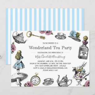 Invitation Alice au pays des merveilles Tea Party Blue Stripe