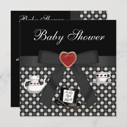 Invitation Alice au pays des merveilles Tea Party Noir (Devant / Derrière)