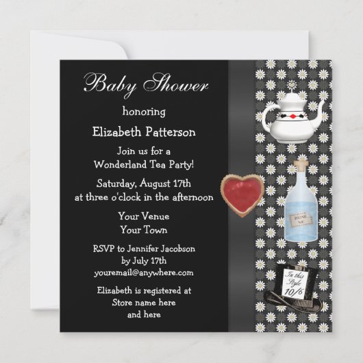 Invitation Alice au pays des merveilles Tea Party Noir (Dos)