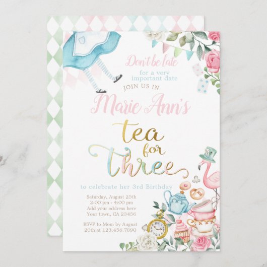 Invitation Alice au pays des merveilles, Thé pour trois 3e an (Devant / Derrière)