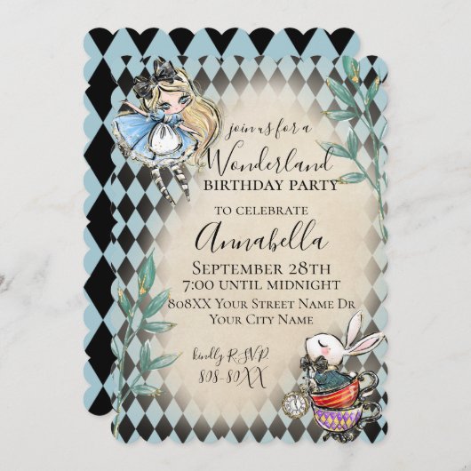 Invitation Alice au pays des merveilles Thème avec lapin blan (Devant / Derrière)