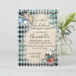 Invitation Alice au pays des merveilles Thème avec lapin blan