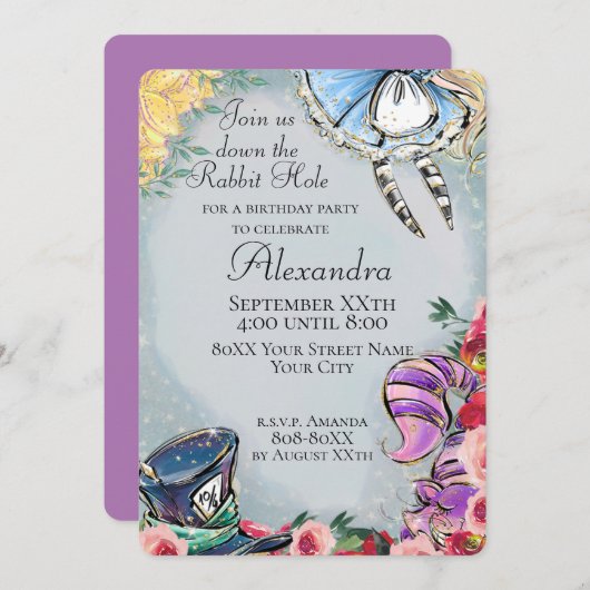 Invitation Alice au pays des merveilles Thème de contes de fé (Devant / Derrière)