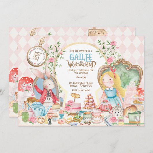 Invitation Alice Aventures dans Woderland Anniversaire Tea Pa (Devant / Derrière)