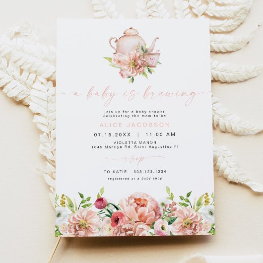 Invitation ALICE Blush Floral Baby Baby shower de thé de bras