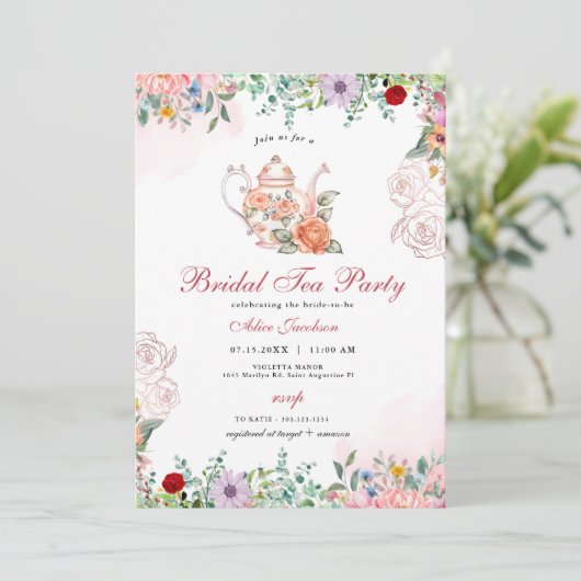 Invitation ALICE Blush Floral Bridal Tea Party Brunch Douche (Debout devant)
