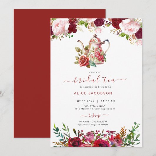 Invitation ALICE Blush Floral Bridal Tea Party Brunch Douche (Devant / Derrière)