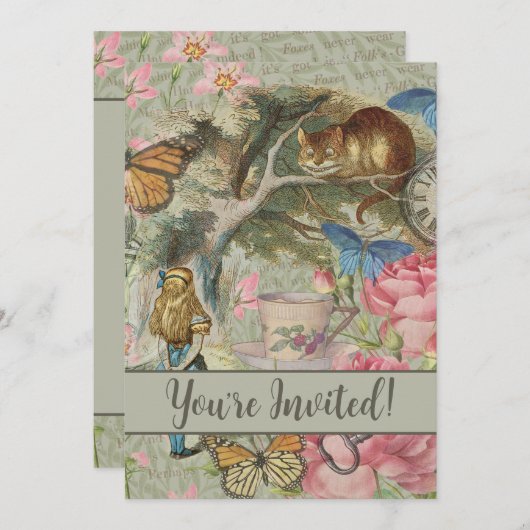 Invitation Alice Chat du Cheshire Arbre Jardin Wonderland (Devant / Derrière)
