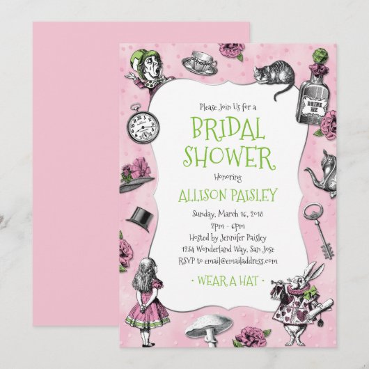 Invitation Alice dans la Fête de la mariée rose et verte du (Devant / Derrière)
