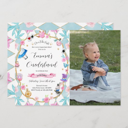 Invitation Alice dans l'Onederland 1er anniversaire Photo ble (Devant / Derrière)