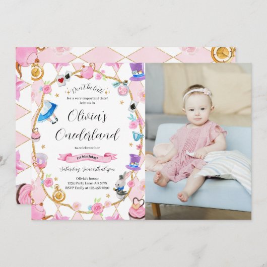 Invitation Alice dans l'Onederland 1er anniversaire photo ros (Devant / Derrière)