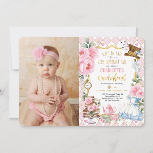 Invitation Alice dans l'Onederland 1er anniversaire Tea Party (Devant)