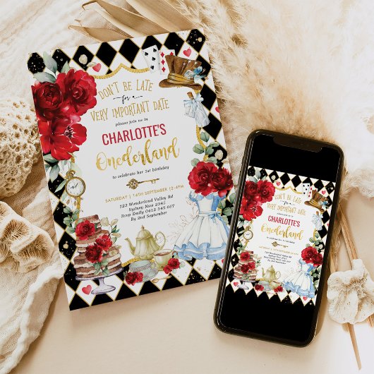 Invitation Alice dans l'Onederland Red Roses 1er Thé d'annive