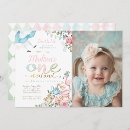 Invitation Alice dans ONEderland 1er anniversaire (Devant / Derrière)