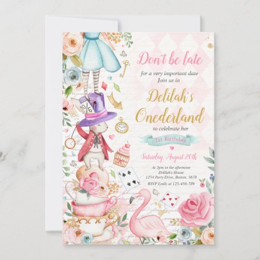 Invitation Alice dans ONEderland Anniversaire Whimsical Tea P (Devant)