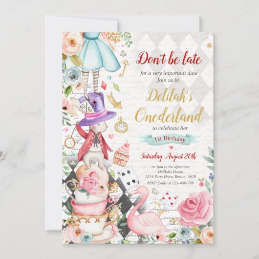 Invitation Alice dans ONEderland Anniversaire Whimsical Tea P (Devant)