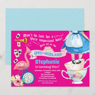 Invitation Alice dans ONEderland fête de thé chaud rose