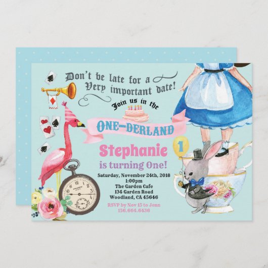 Invitation Alice en bleu de la fête du thé d'anniversaire de (Devant / Derrière)