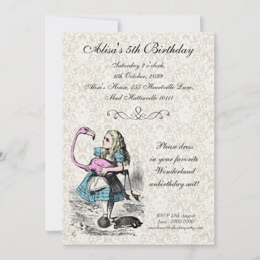 Invitation Alice en fête d'anniversaire de Flamant rose de (Dos)