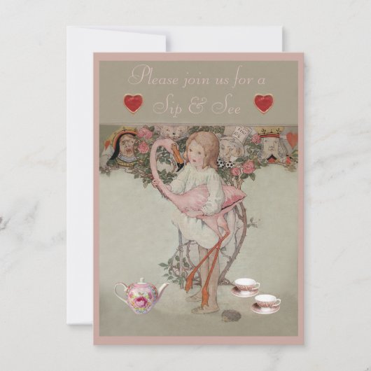 Invitation Alice et Flamant rose rose Sip & Voir Baby shower (Devant)