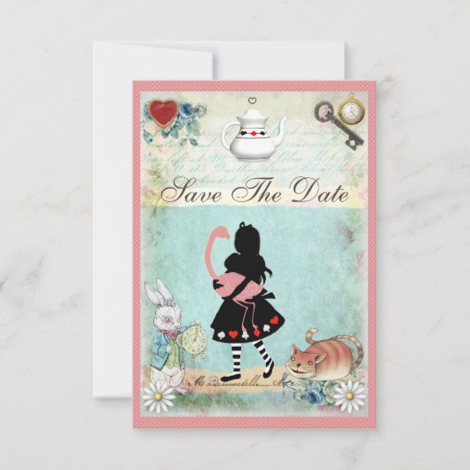 Invitation Alice, Flamant rose et chat Enregistrer le Mariage (Devant)