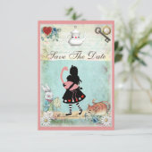 Invitation Alice, Flamant rose et chat Enregistrer le Mariage (Debout devant)