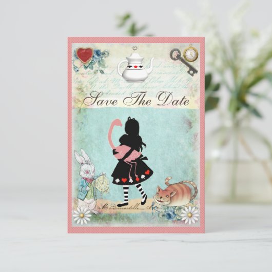 Invitation Alice, Flamant rose et chat Enregistrer le Mariage (Debout devant)