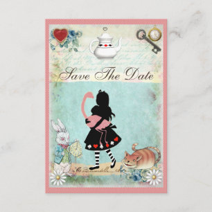 Invitation Alice, Flamant rose et chat Enregistrer le Mariage