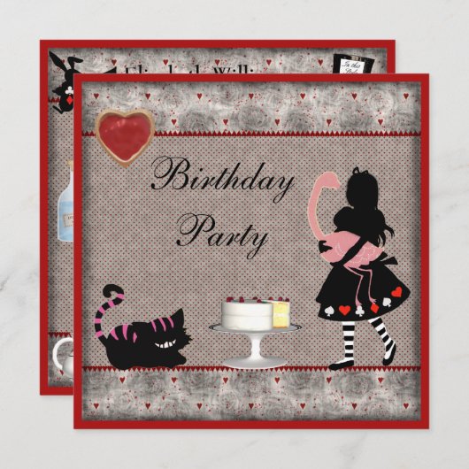 Invitation Alice, Flamant rose et Cheshire Cat fête d'anniver (Devant / Derrière)