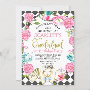 Invitation Alice Gris Rose dans l'Onederland 1er anniversaire