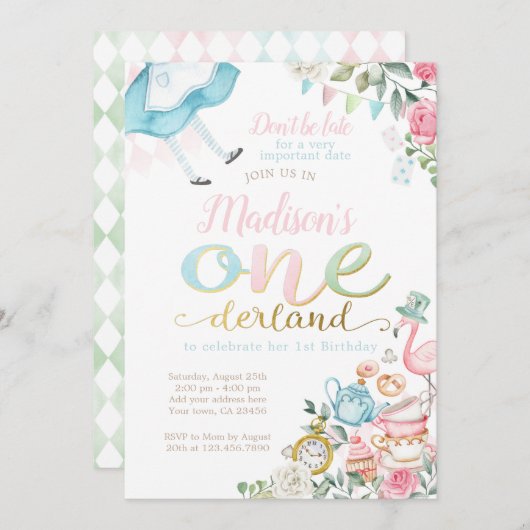 Invitation Alice in ONEderland 1st Birthday (Devant / Derrière)