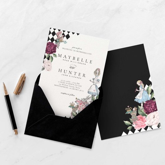 Invitation Alice In Wonderland Mariage en tableau noir