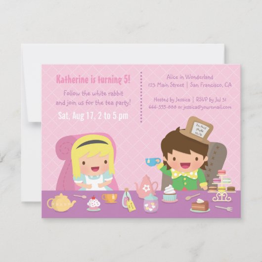 Invitation Alice mignonne en fête d'anniversaire de thé du (Devant)