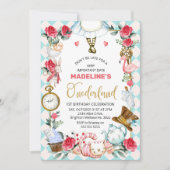 Invitation Alice Rose Bleu Dans L'Onederland 1er Anniversaire (Devant)