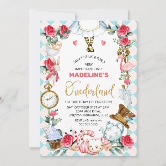 Invitation Alice Rose Bleu Dans L'Onederland 1er Anniversaire (Devant)