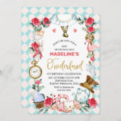 Invitation Alice Rose Bleu Dans L'Onederland 1er Anniversaire (Devant / Derrière)