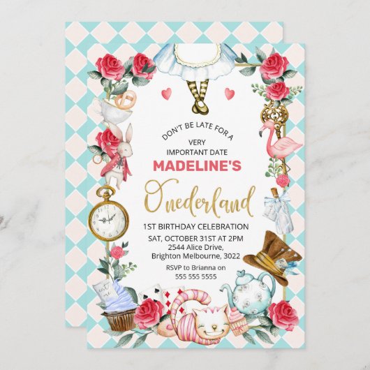 Invitation Alice Rose Bleu Dans L'Onederland 1er Anniversaire (Devant / Derrière)