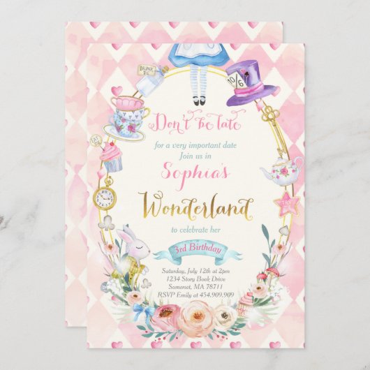 Invitation Alice Rose Florale Au Pays Des Merveilles Fête Du (Devant / Derrière)