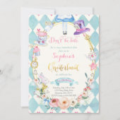 Invitation Alice rose Florale dans la fête du thé d'anniversa (Devant)