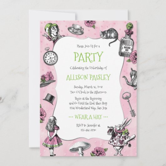 Invitation Alice Whimsical au pays des merveilles rose et ver (Devant)