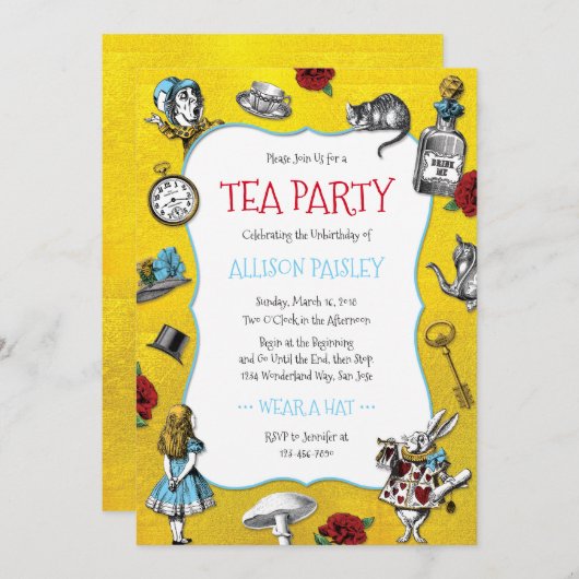 Invitation Alice Whimsical au Wonderland Gold Party (Devant / Derrière)