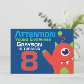 Invitation Alien anniversaire garçon 8ème bleu orange invitat (Debout devant)