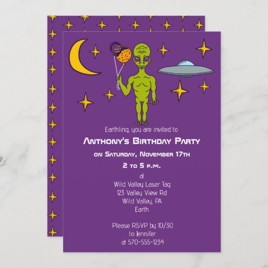 Invitation Alien spatial avec Balloons Planet Anniversaire (Devant / Derrière)