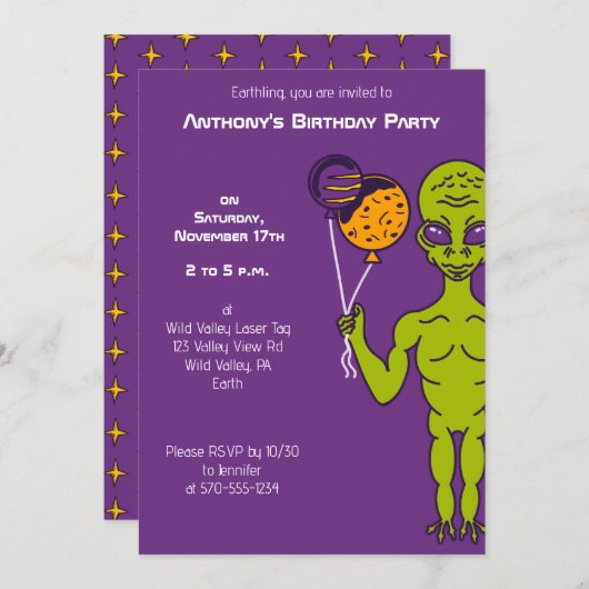 Invitation Alien spatial avec Balloons Planet Anniversaire (Devant / Derrière)