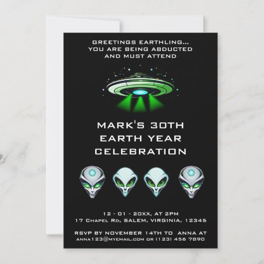 Invitation Alien UFO Abduction espace fête d'anniversaire (Devant)