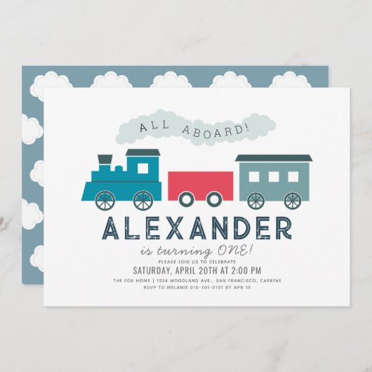 Invitation All Aboard Steam Train Blue Boy 1er anniversaire (Devant / Derrière)
