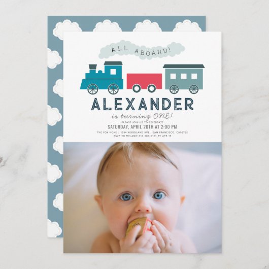 Invitation All Aboard Steam Train Blue Boy 1st Birthday Photo (Devant / Derrière)