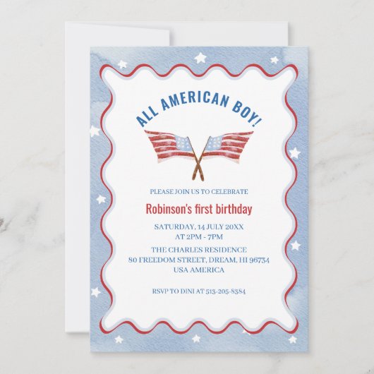 Invitation All American Boy 4th July Aquarelle Anniversaire (Devant)